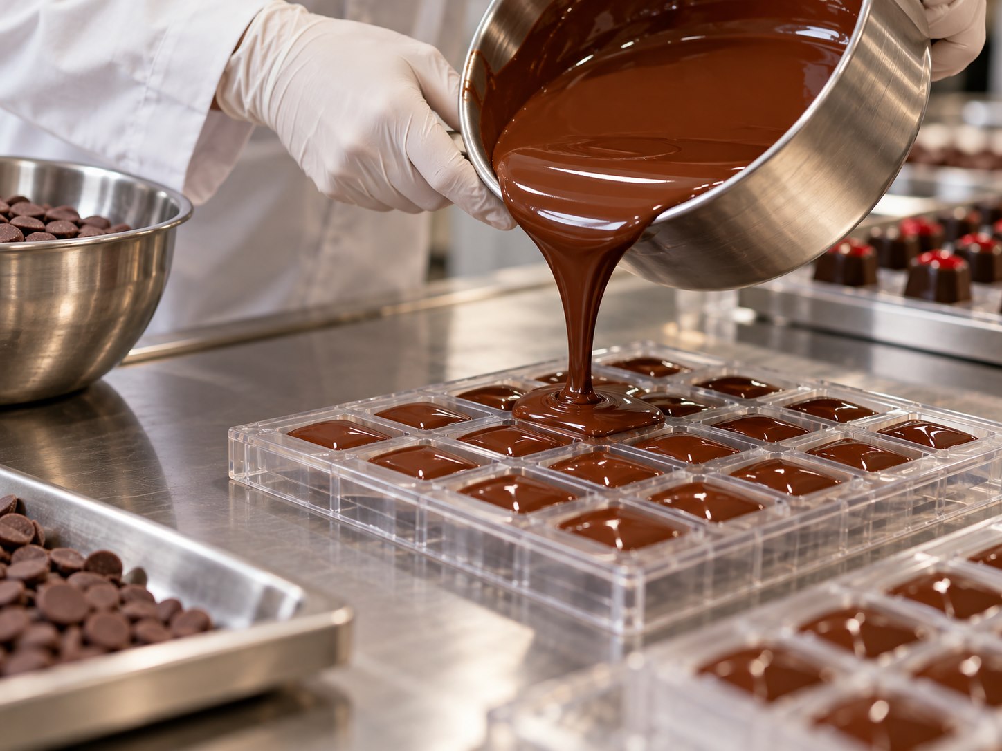 Chocolate carefully poured into clean confectionery molds