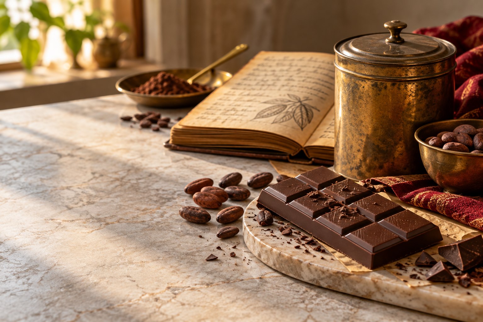 Recipe notebook, cocoa beans and chocolate symbolizing family tradition