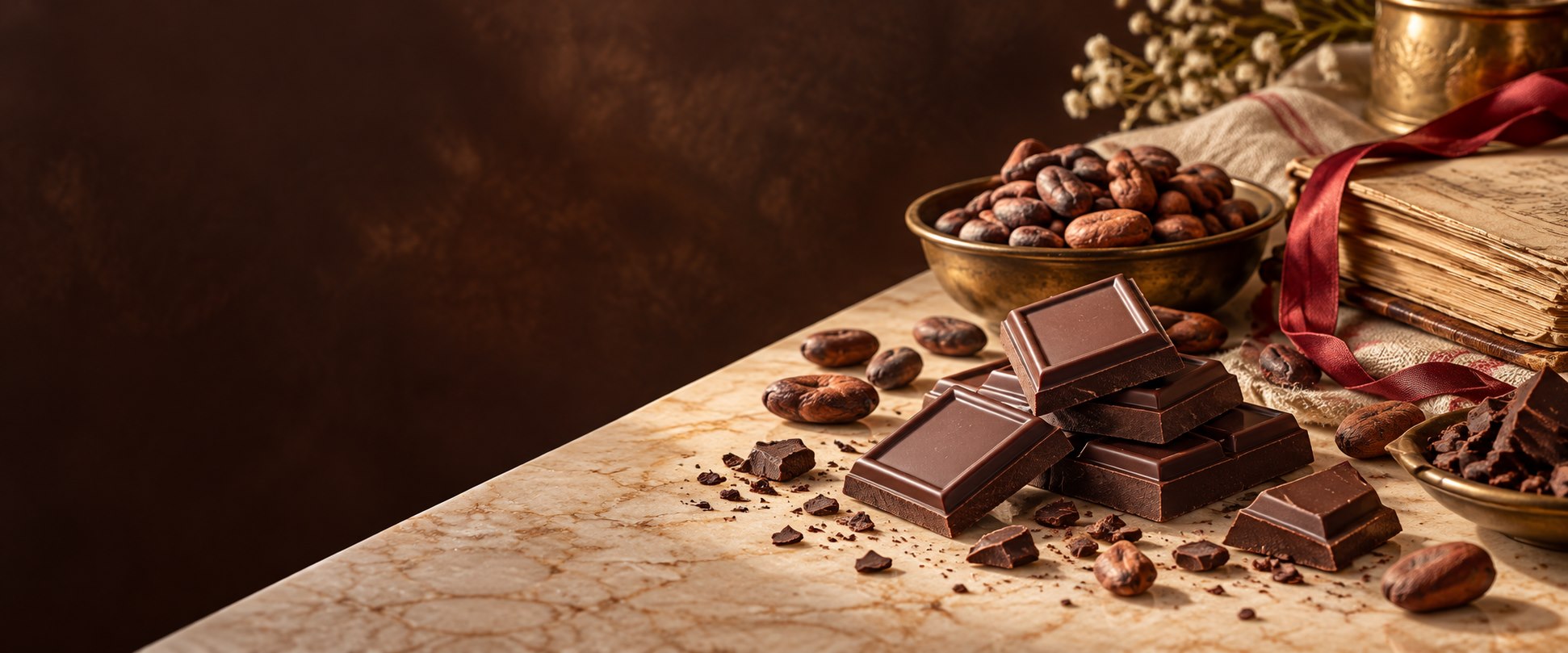 Chocolate, cocoa beans and a recipe notebook